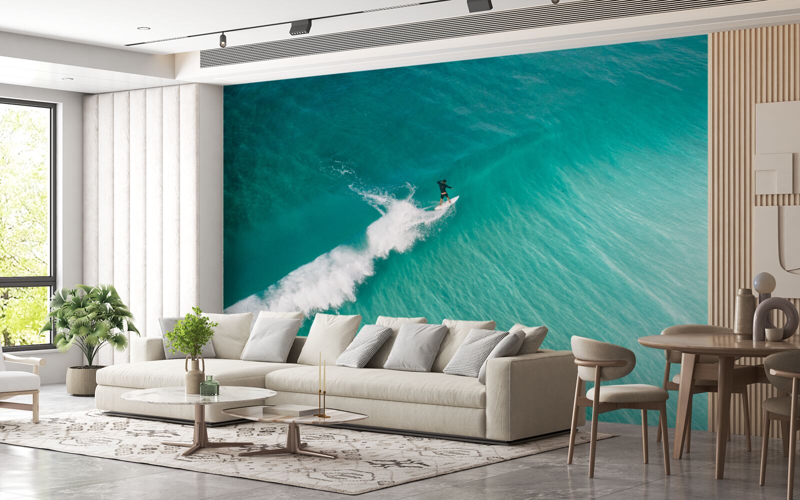 Papier peint un surfeur solitaire dans l'immensité de l'océan