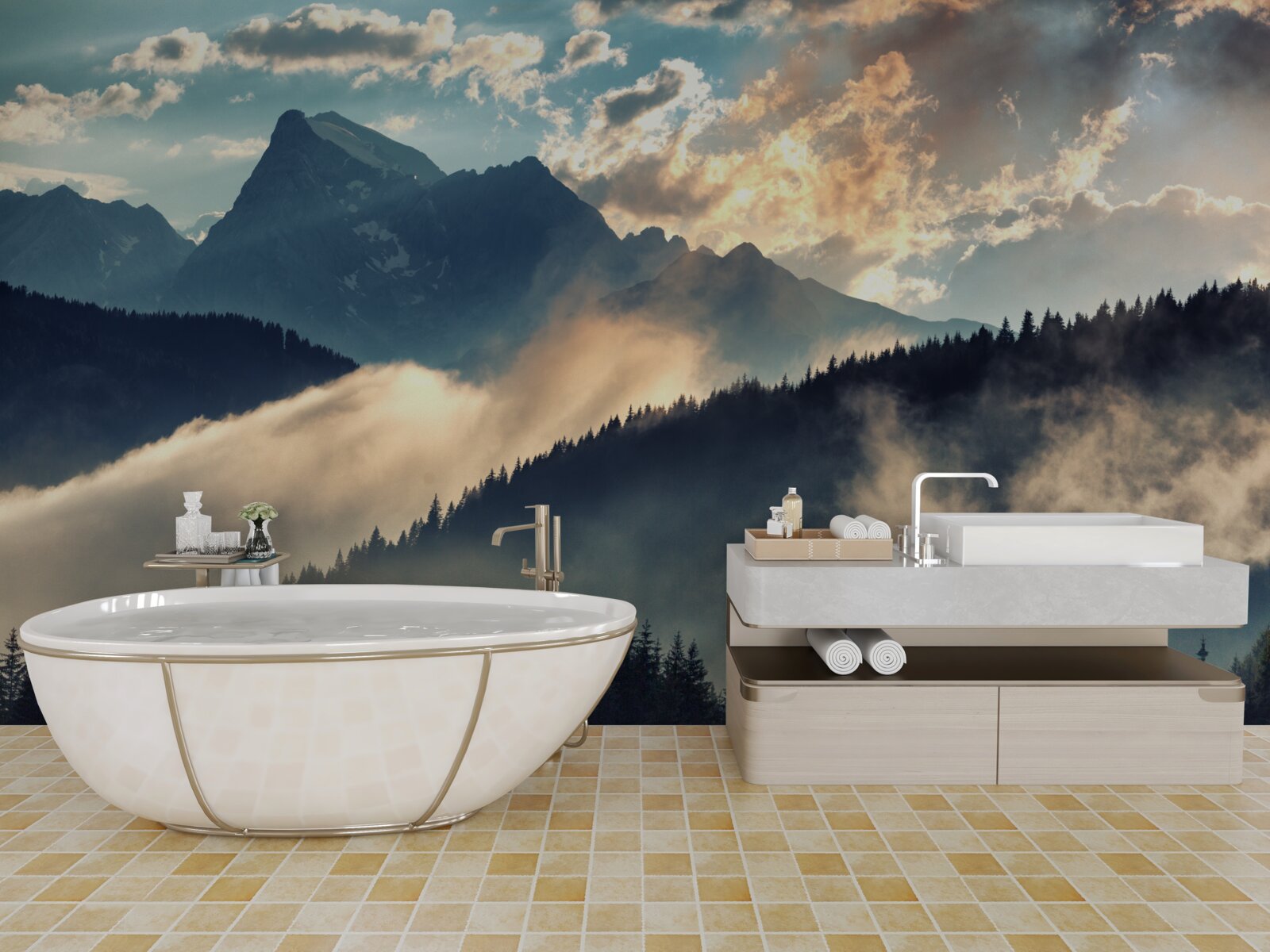 Papier peint matinée sous les sommets majestueux