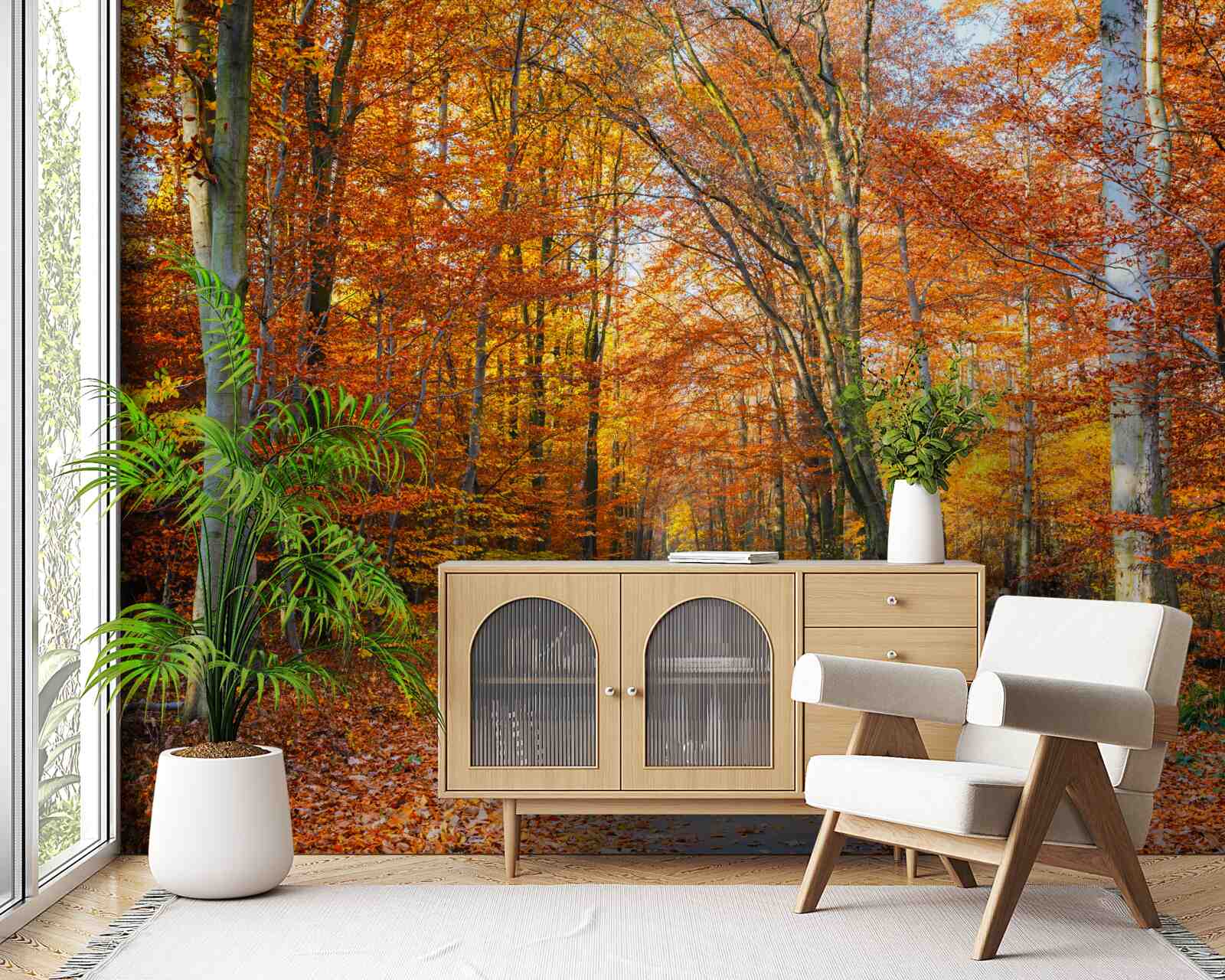 Papier peint arbres avec feuilles tombantes en automne