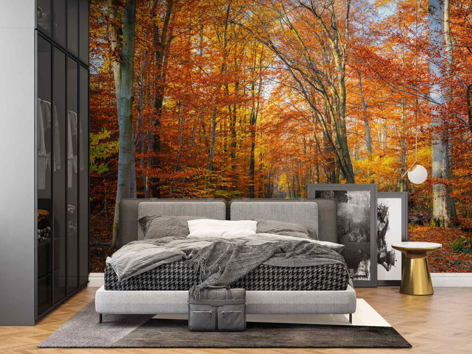 Papier peint arbres avec feuilles tombantes en automne