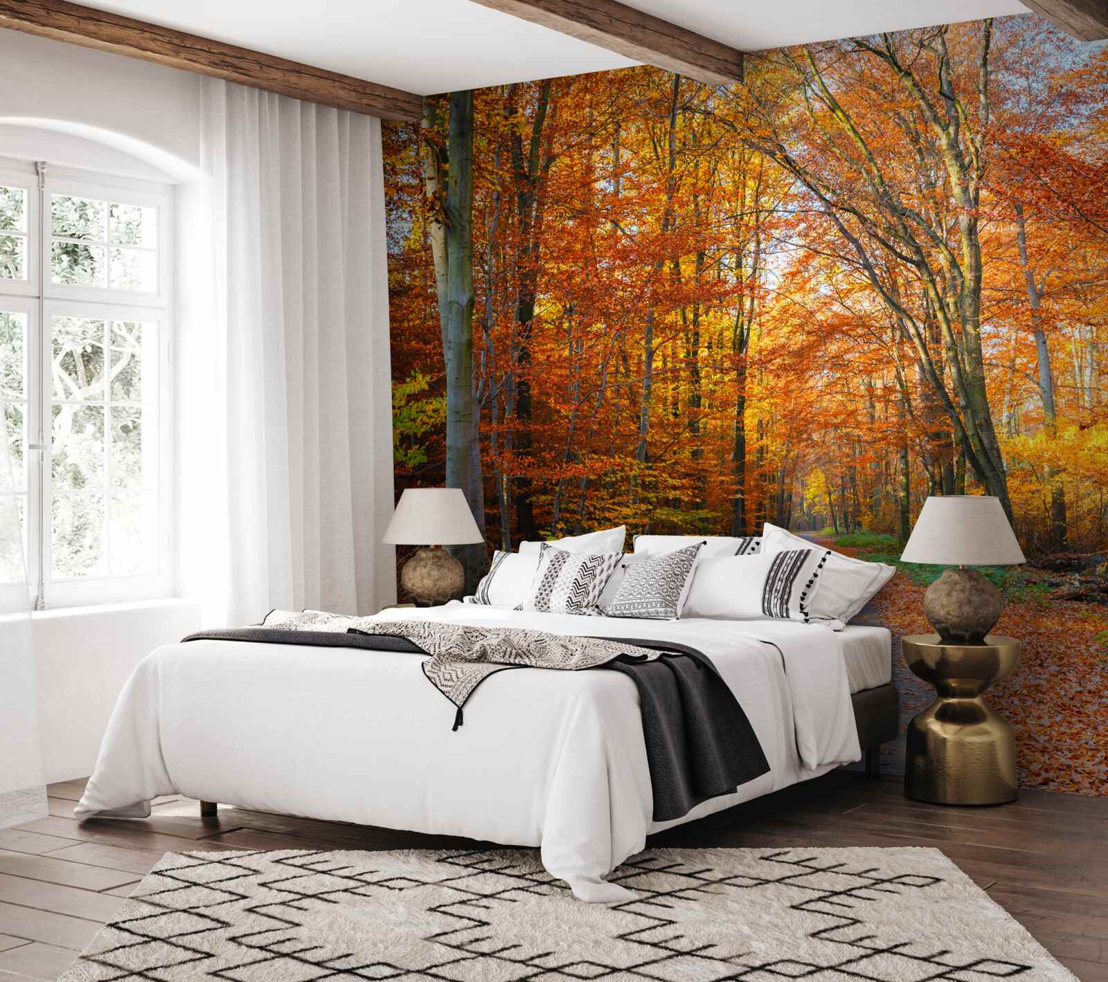 Papier peint arbres avec feuilles tombantes en automne