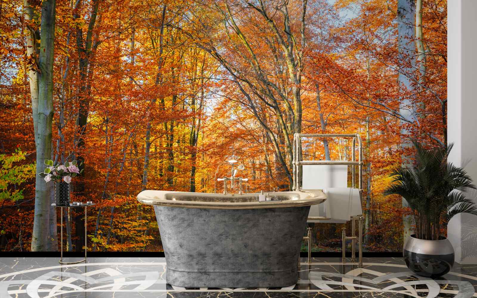 Papier peint arbres avec feuilles tombantes en automne