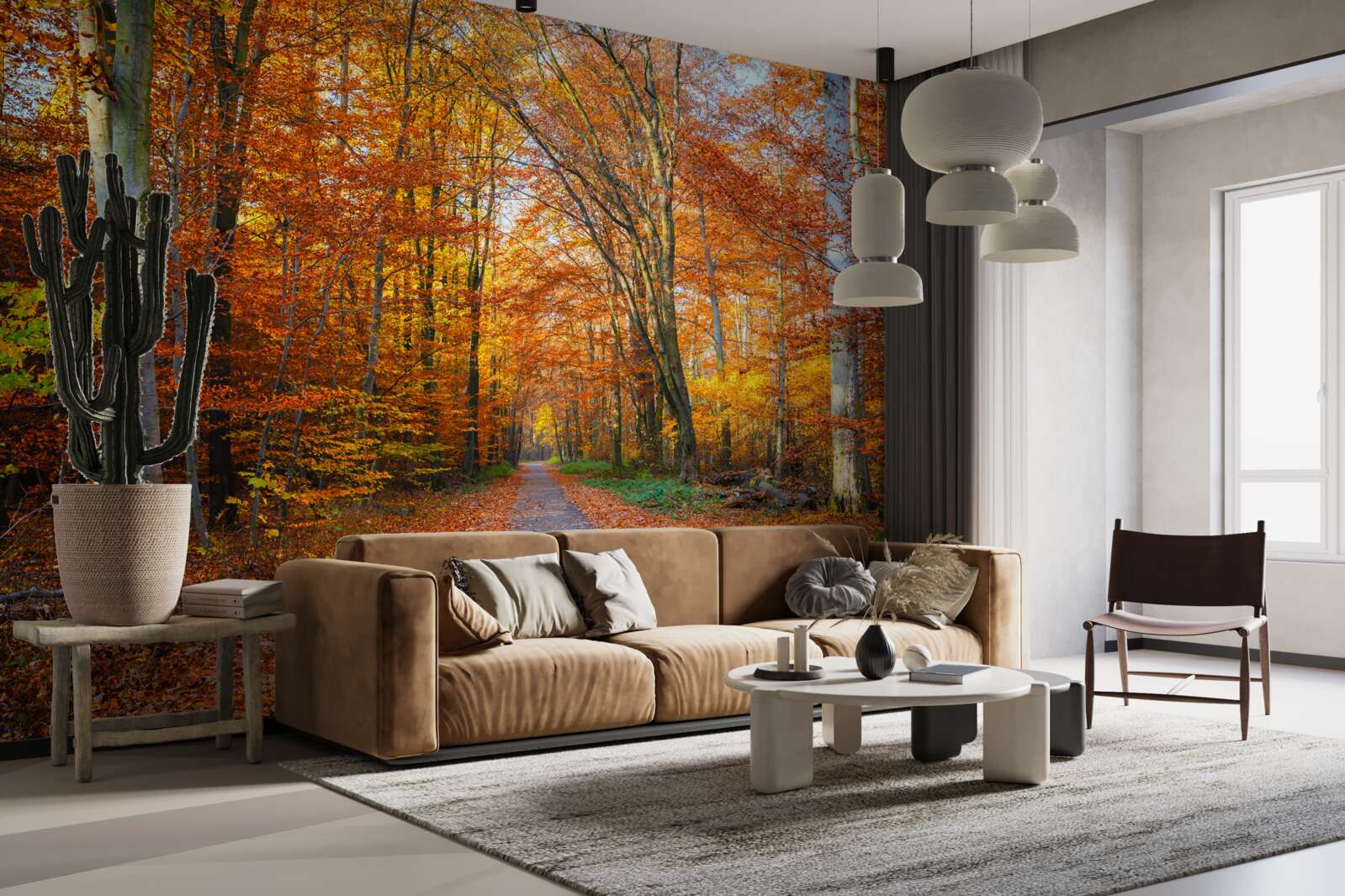 Papier peint arbres avec feuilles tombantes en automne