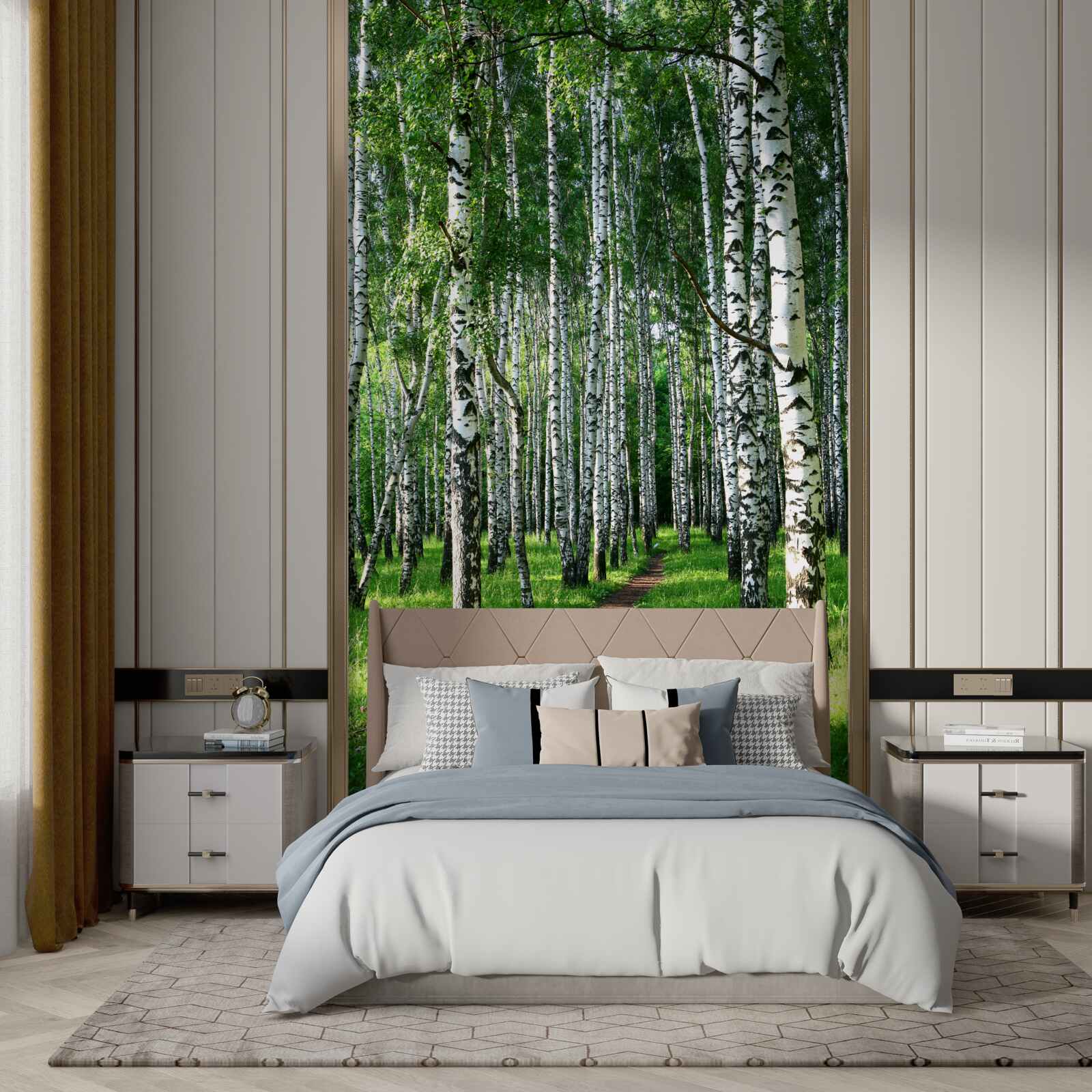Papier peint chemin à travers un bosquet de bouleaux