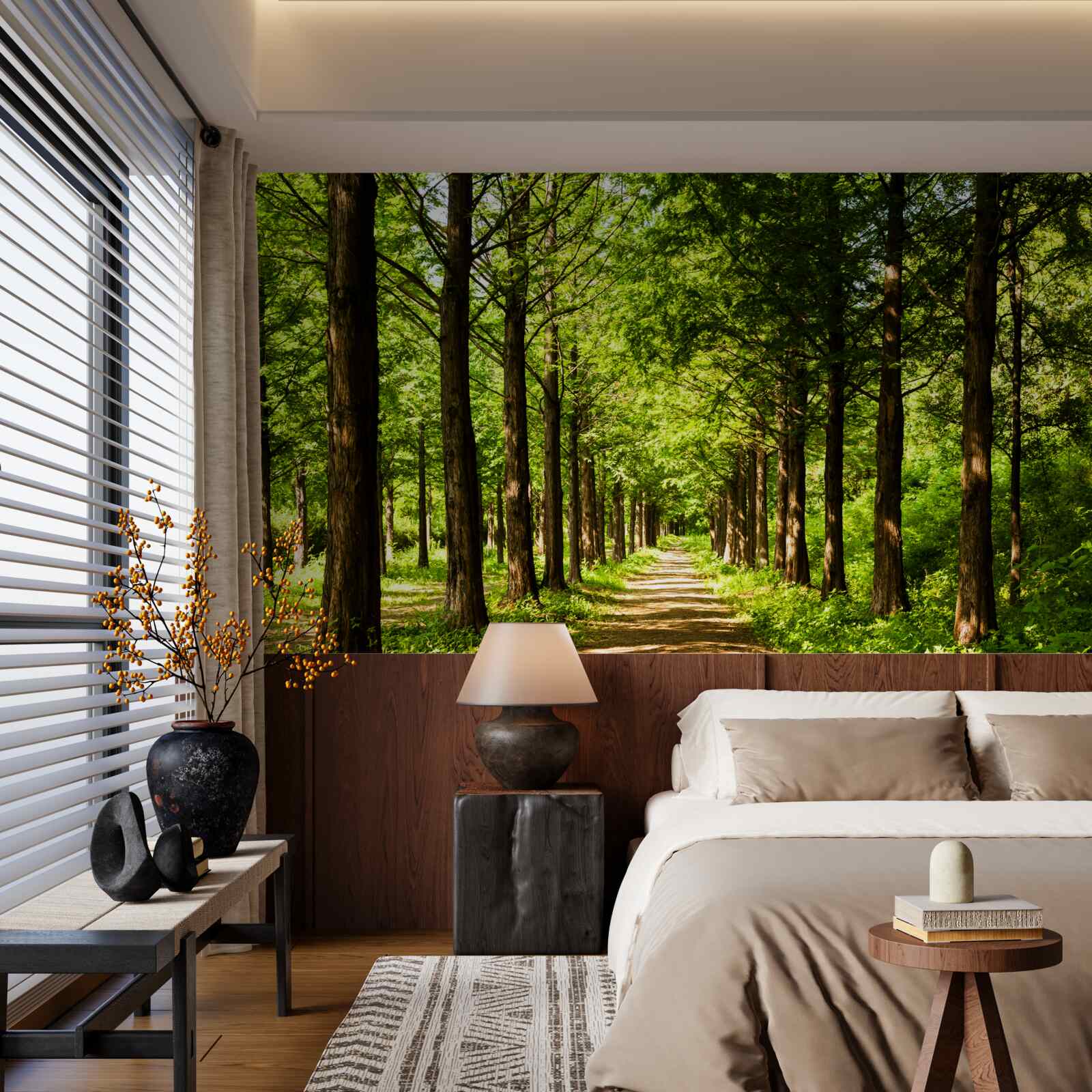 Papier peint chemin spacieux parmi les arbres émeraude