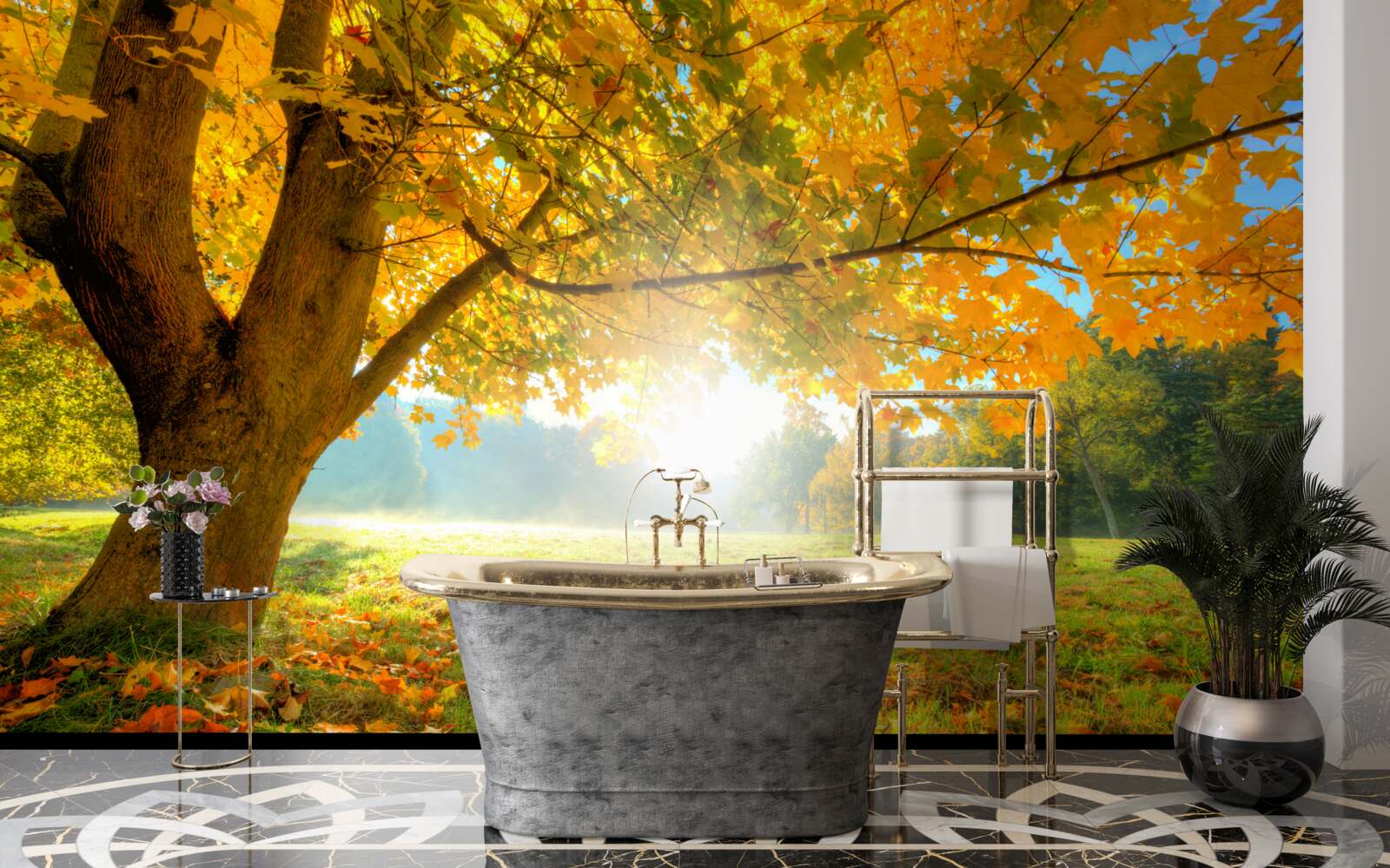 Papier peint forêt d'automne illuminée par le soleil