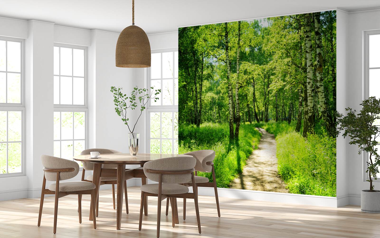 Papier peint chemin entouré d'arbres verts