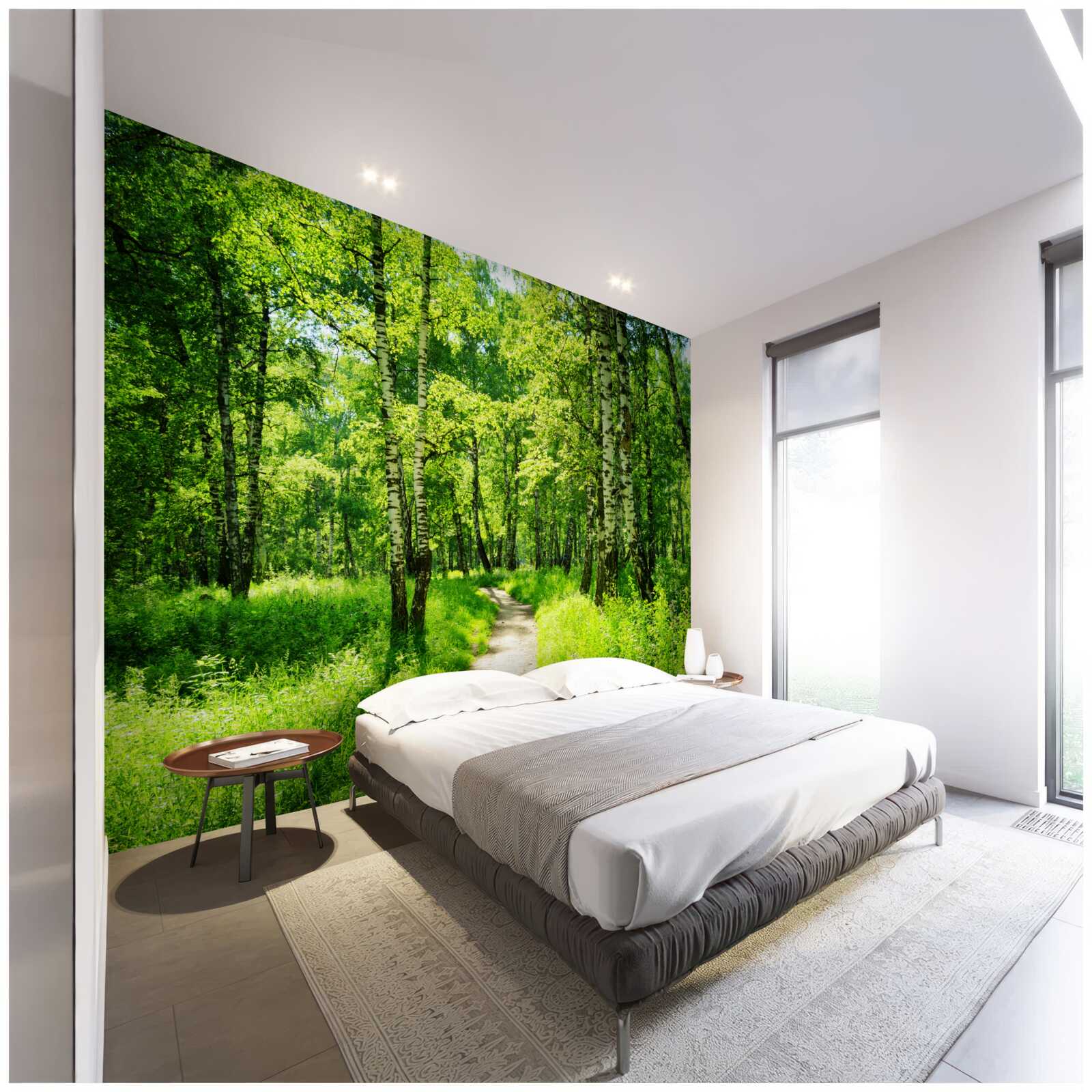 Papier peint chemin entouré d'arbres verts