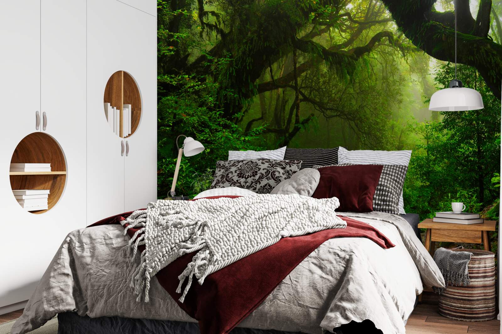 Papier peint chemin à travers une forêt dense et verdoyante