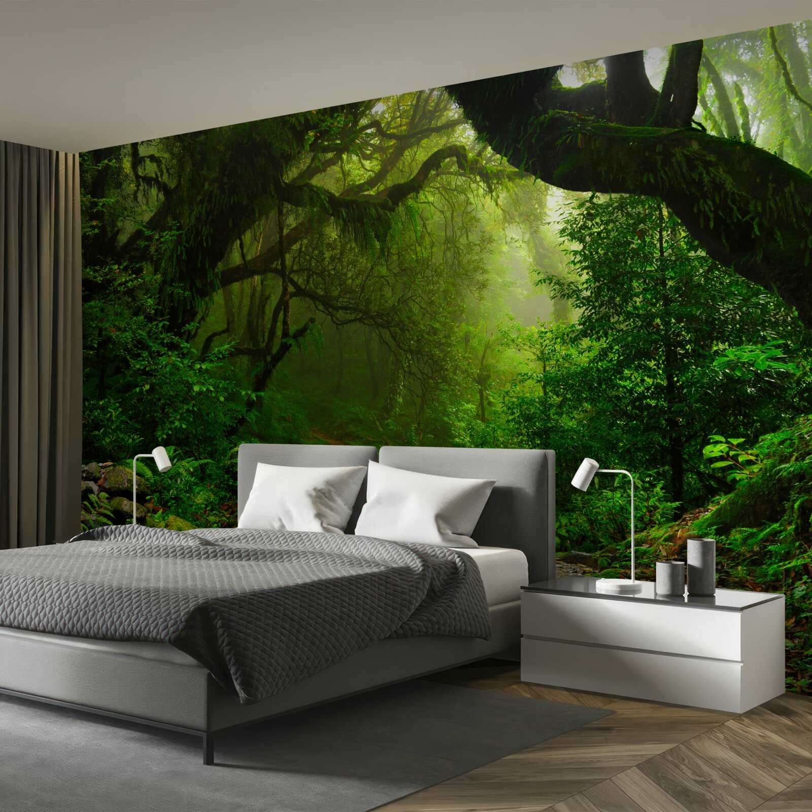 Papier peint chemin à travers une forêt dense et verdoyante