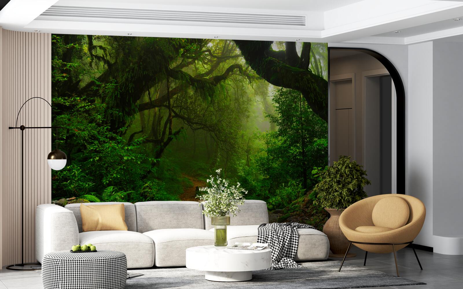 Papier peint chemin à travers une forêt dense et verdoyante