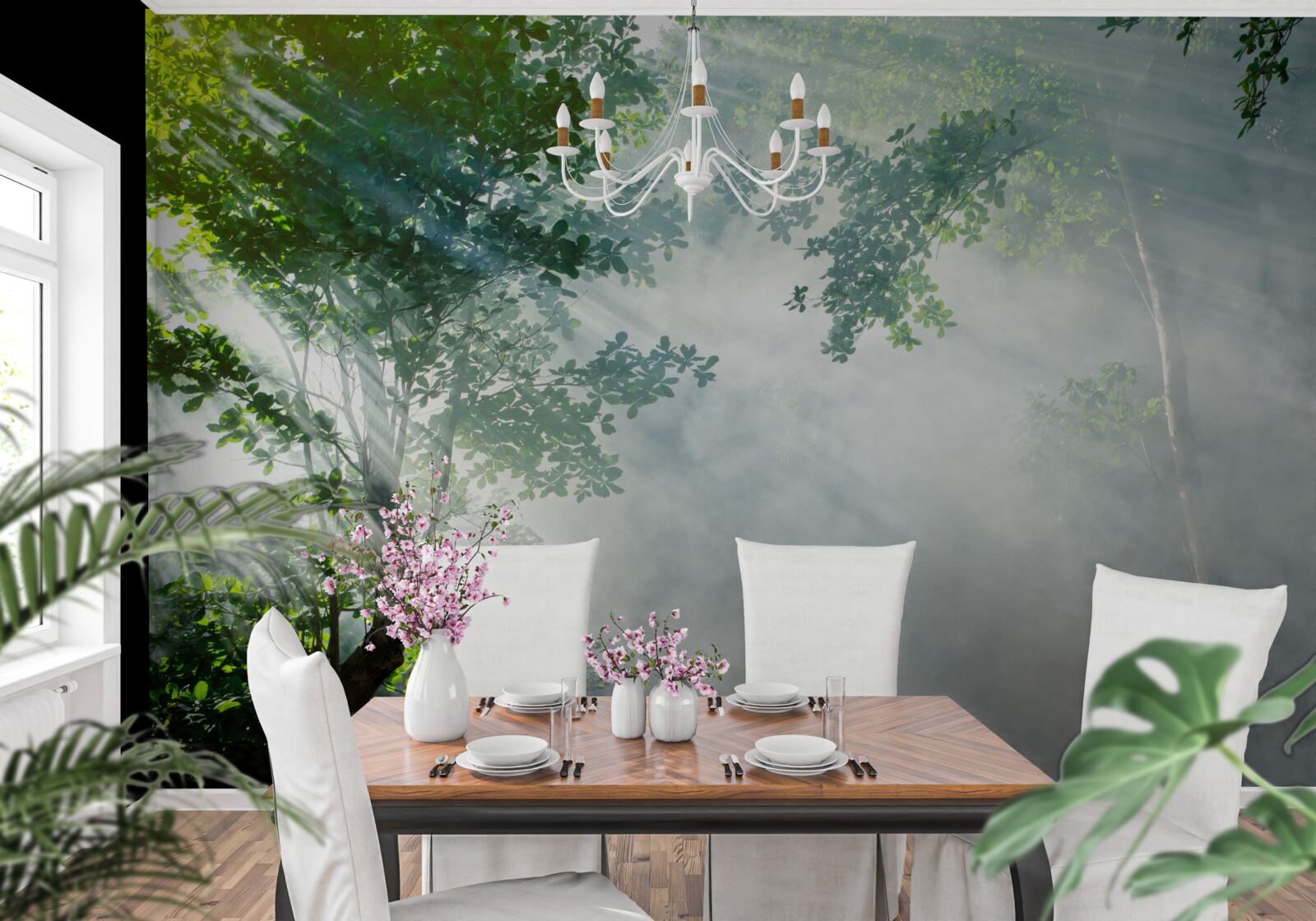 Papier peint les rayons du soleil matinal pénètrent dans la forêt