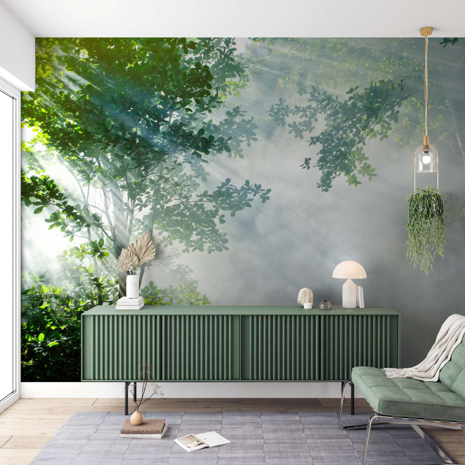 Papier peint les rayons du soleil matinal pénètrent dans la forêt