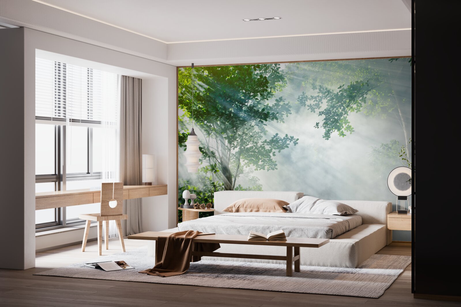 Papier peint les rayons du soleil matinal pénètrent dans la forêt