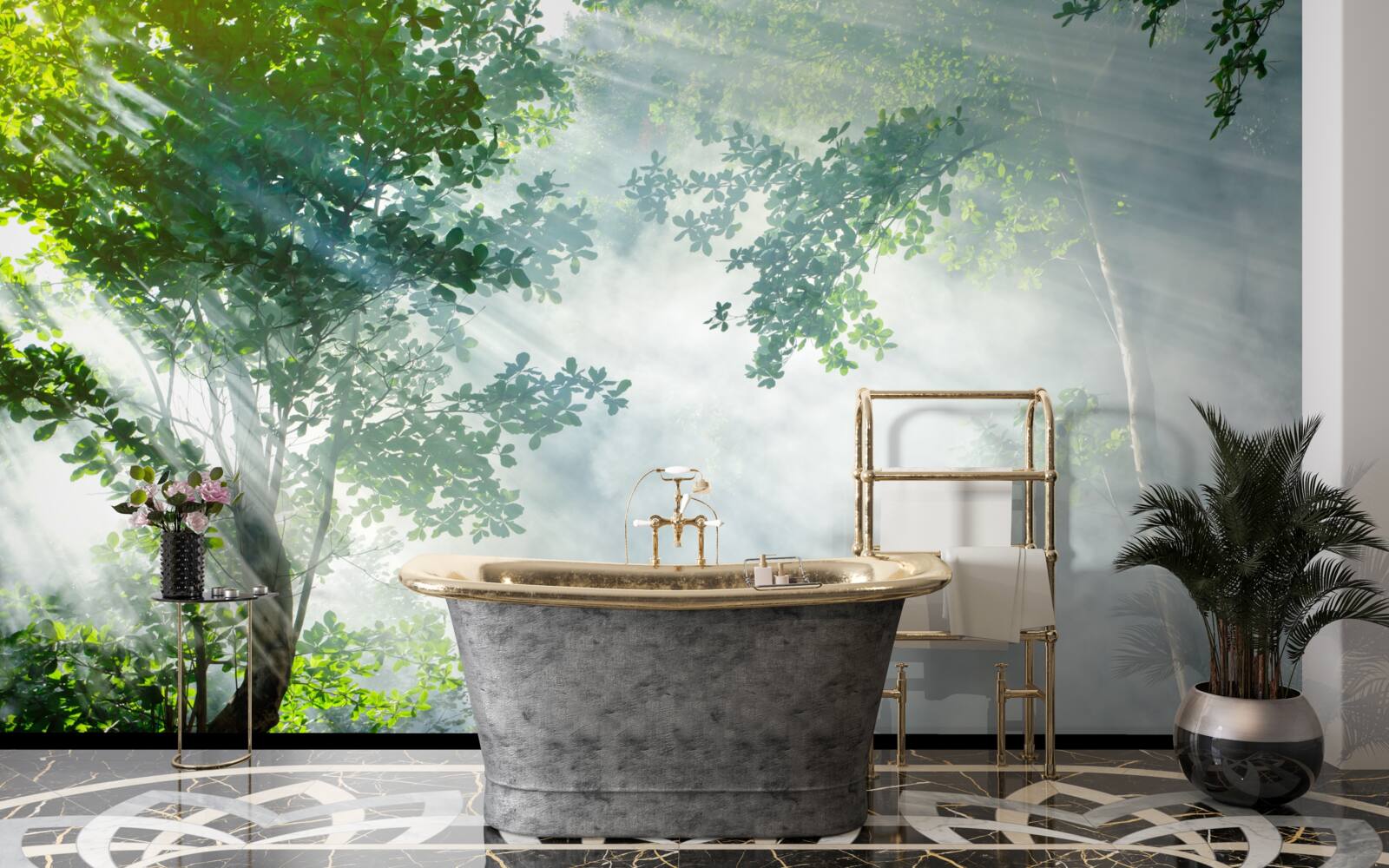 Papier peint les rayons du soleil matinal pénètrent dans la forêt