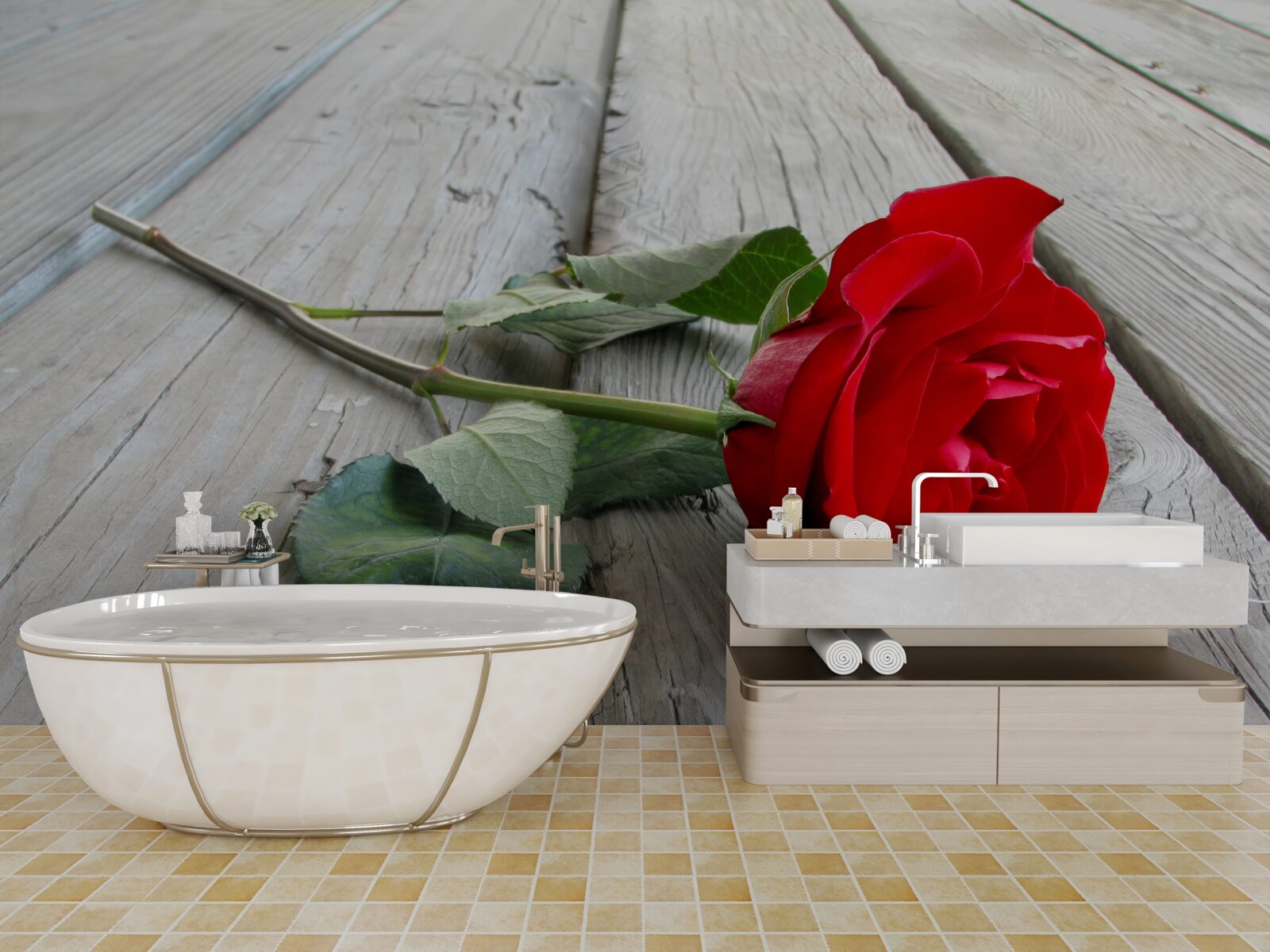 Papier peint fleur écarlate sur une surface en bois