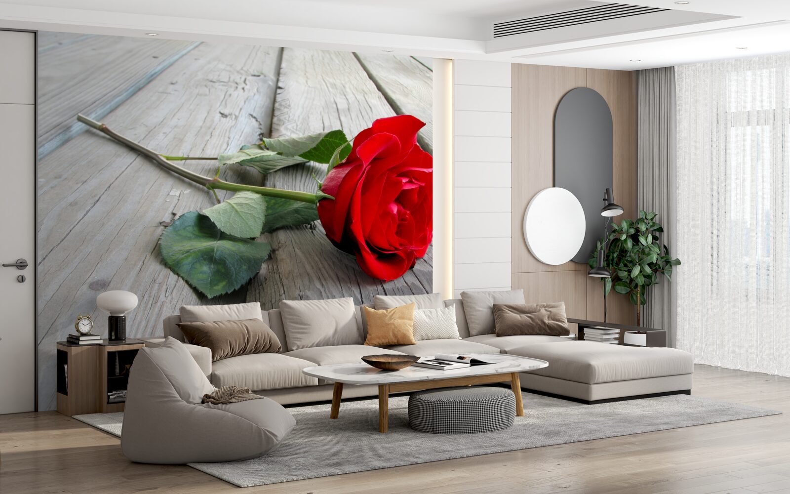 Papier peint fleur écarlate sur une surface en bois