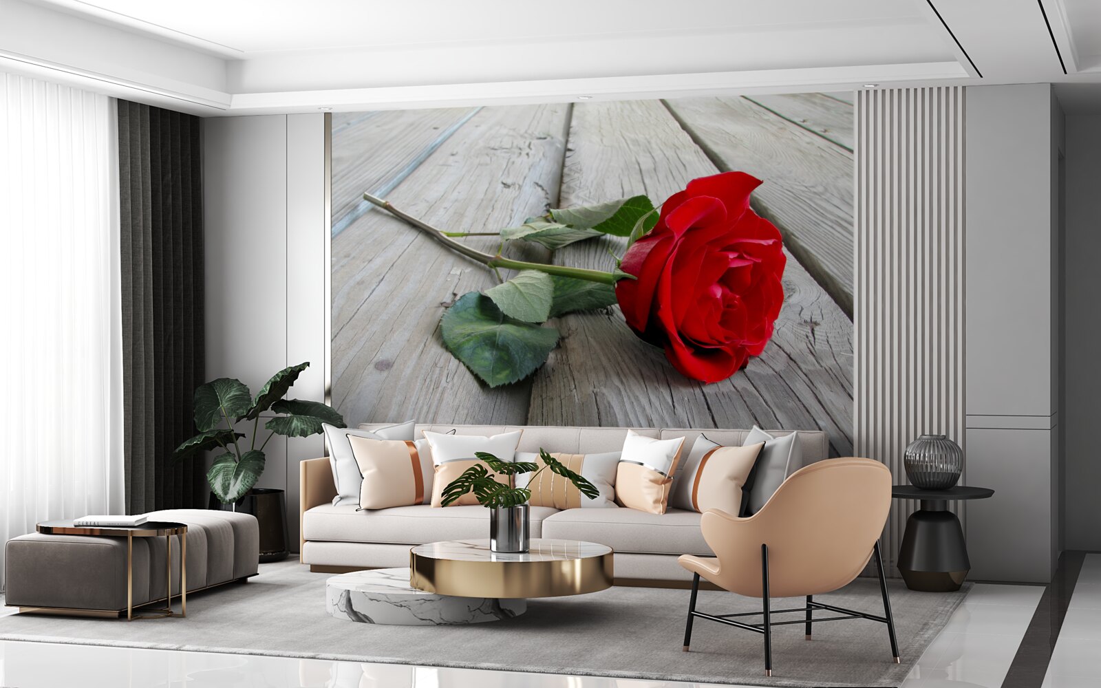 Papier peint fleur écarlate sur une surface en bois