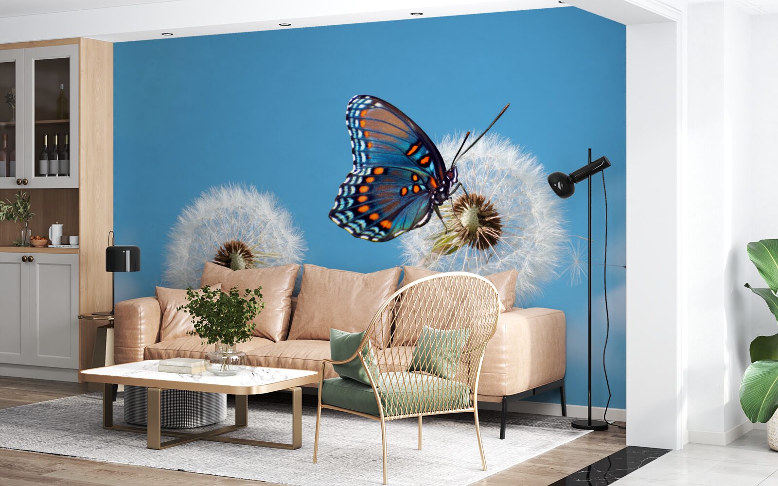 Papier peint un papillon se pose sur un pissenlit desséché