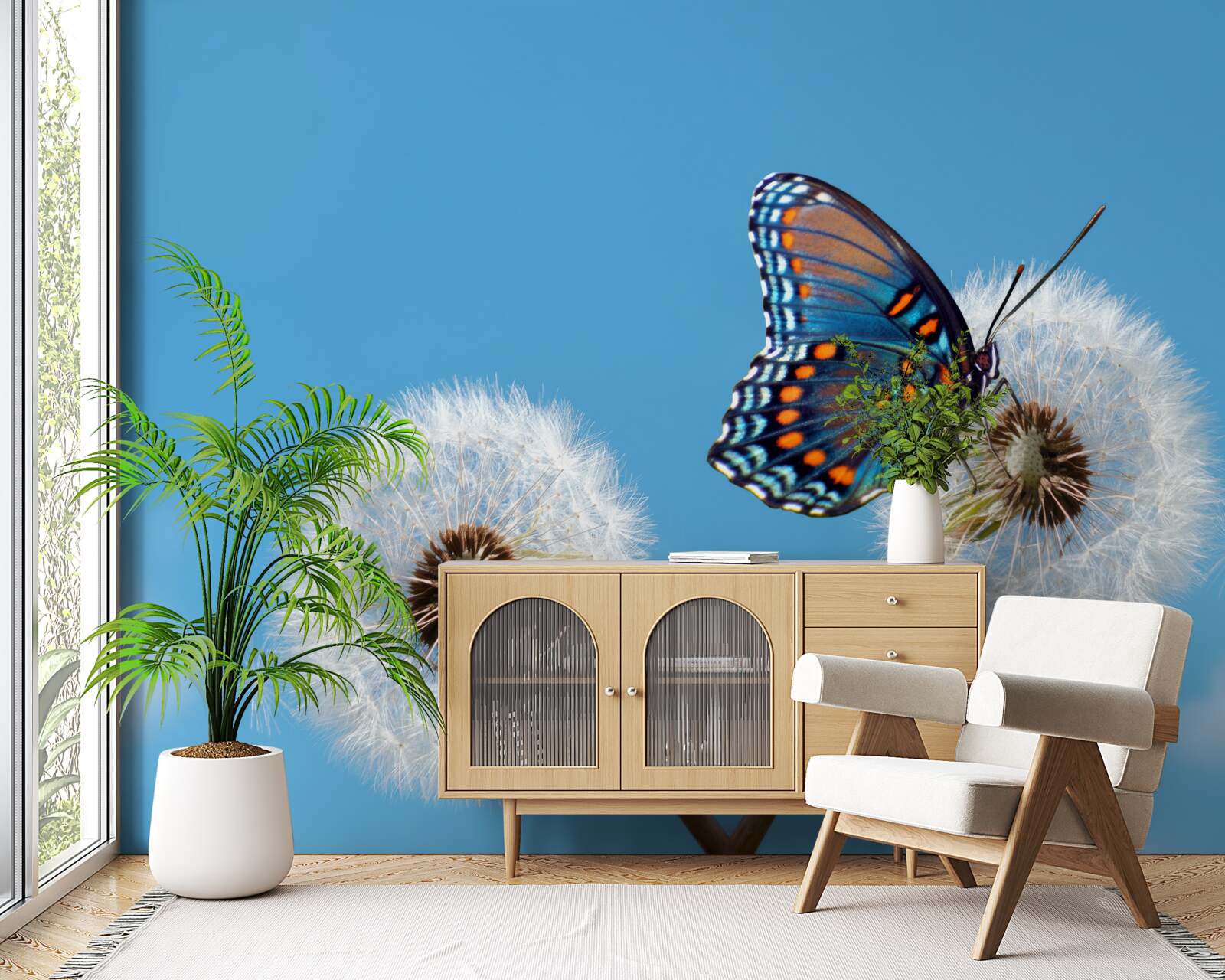 Papier peint un papillon se pose sur un pissenlit desséché