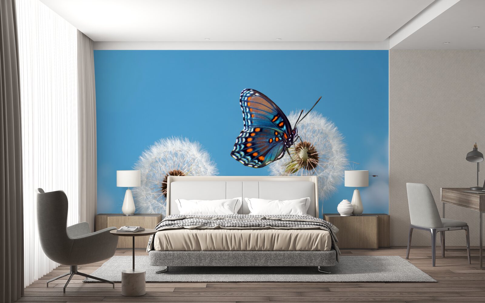 Papier peint un papillon se pose sur un pissenlit desséché