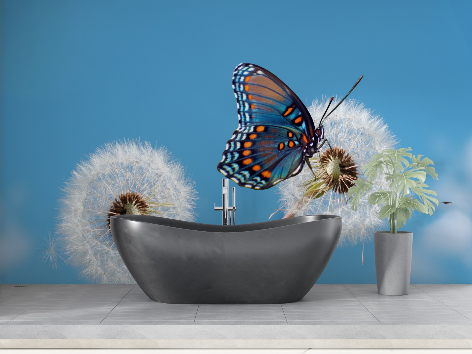 Papier peint un papillon se pose sur un pissenlit desséché