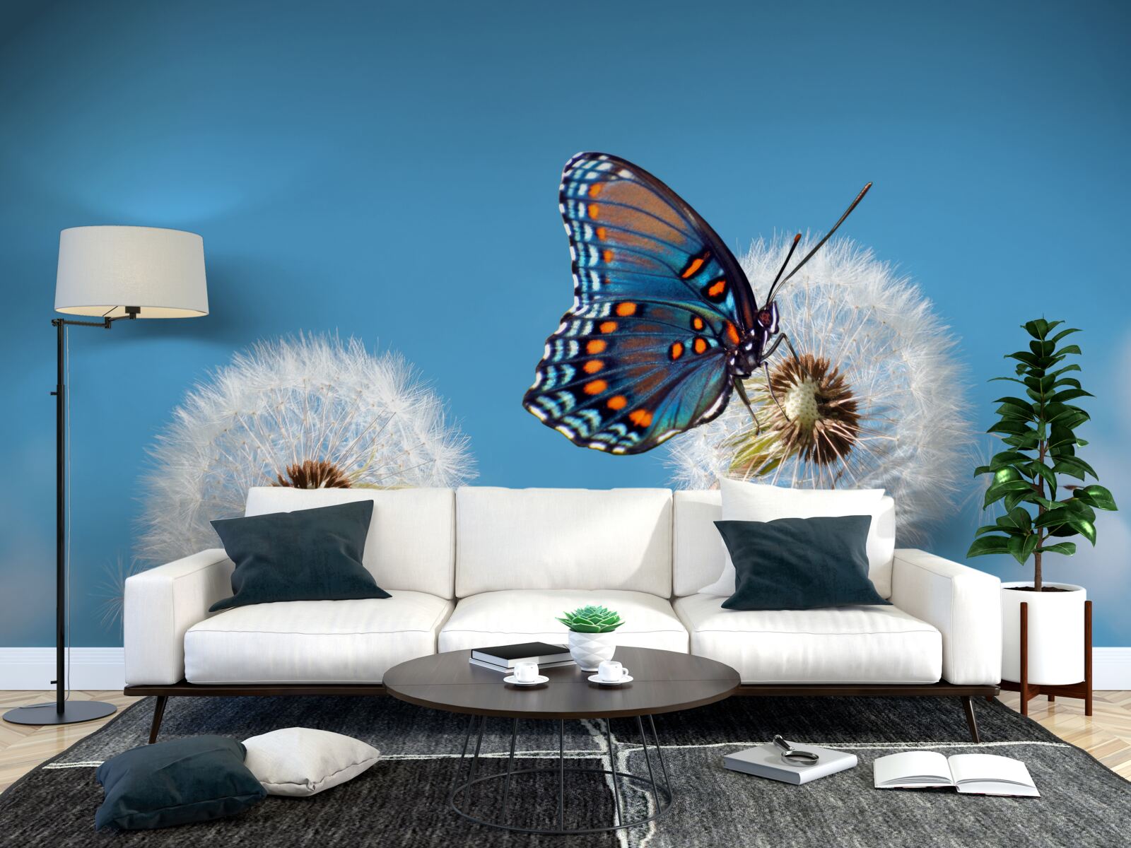 Papier peint un papillon se pose sur un pissenlit desséché