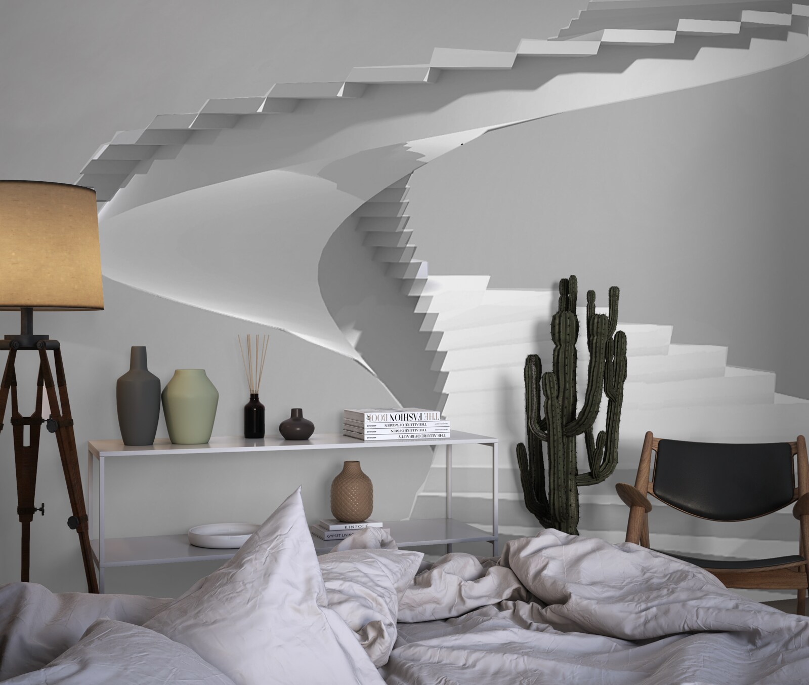 Papier peint escalier tournant blanc