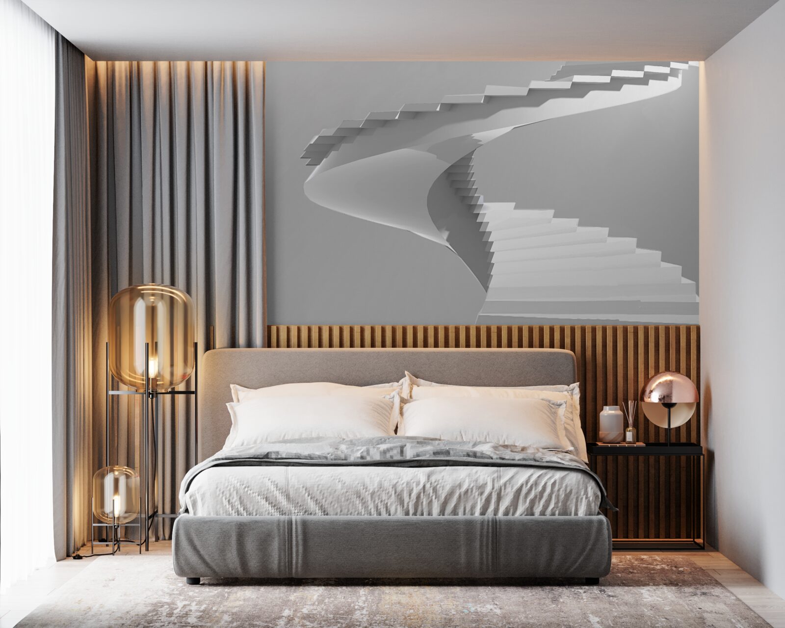 Papier peint escalier tournant blanc