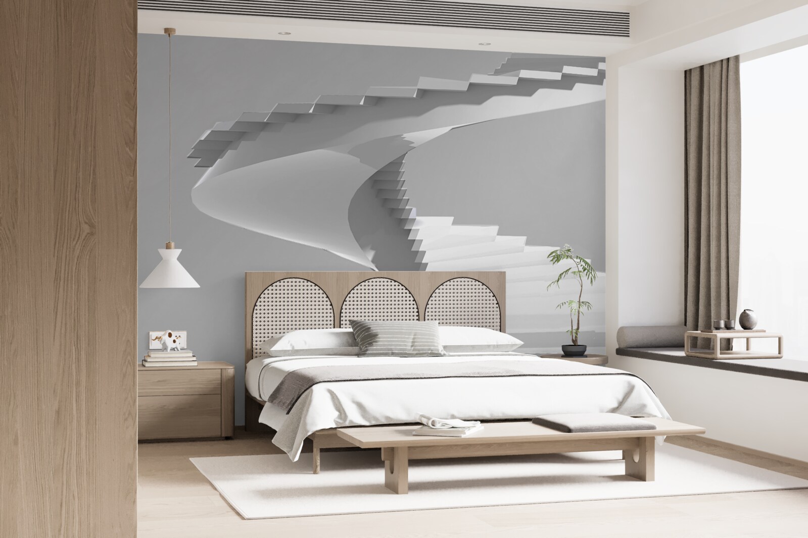 Papier peint escalier tournant blanc