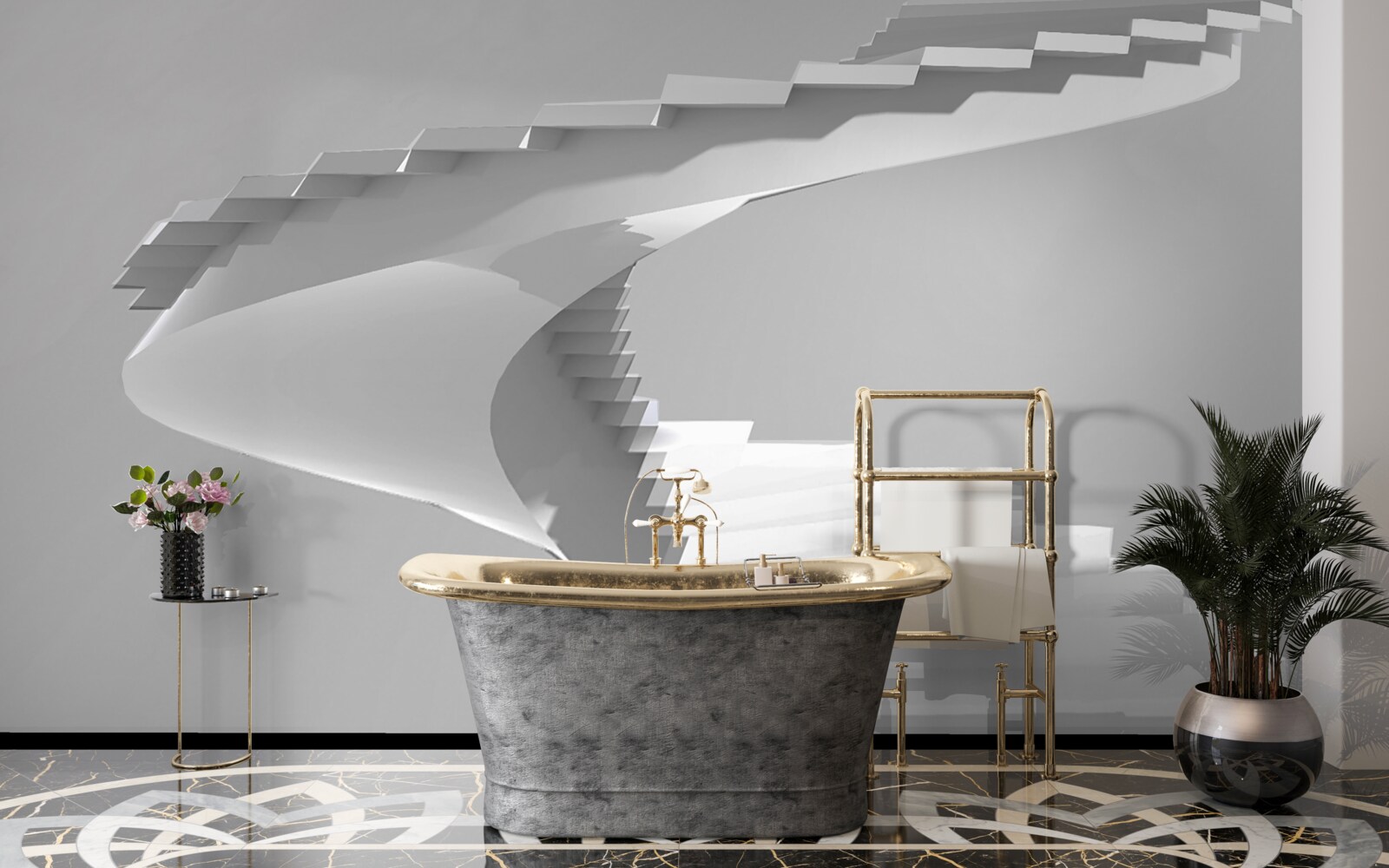 Papier peint escalier tournant blanc