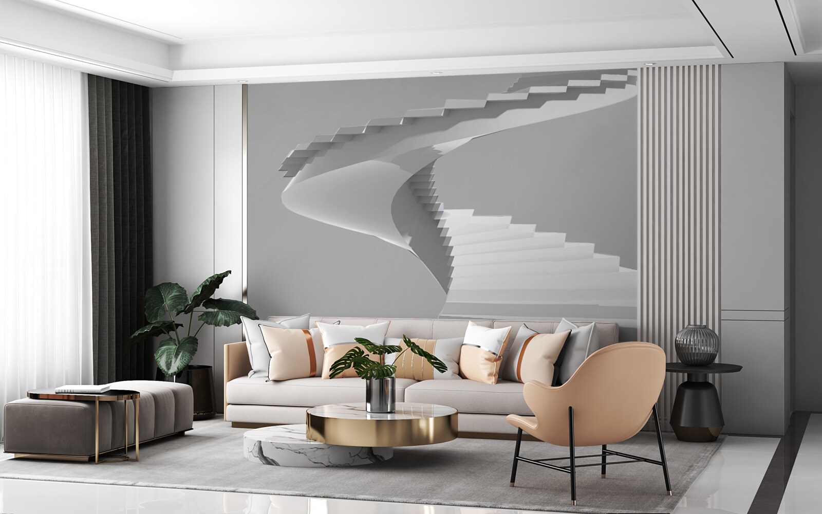 Papier peint escalier tournant blanc