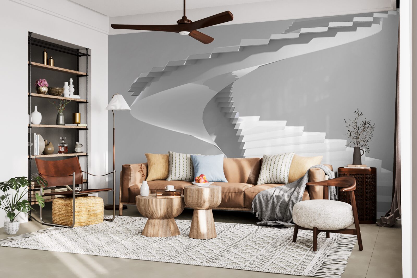 Papier peint escalier tournant blanc