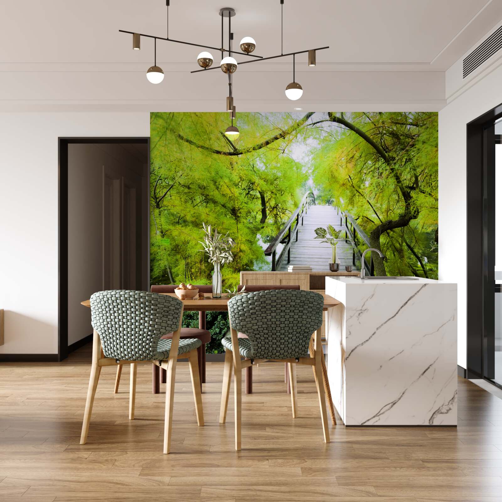 Papier peint escaliers traversant des espaces verts