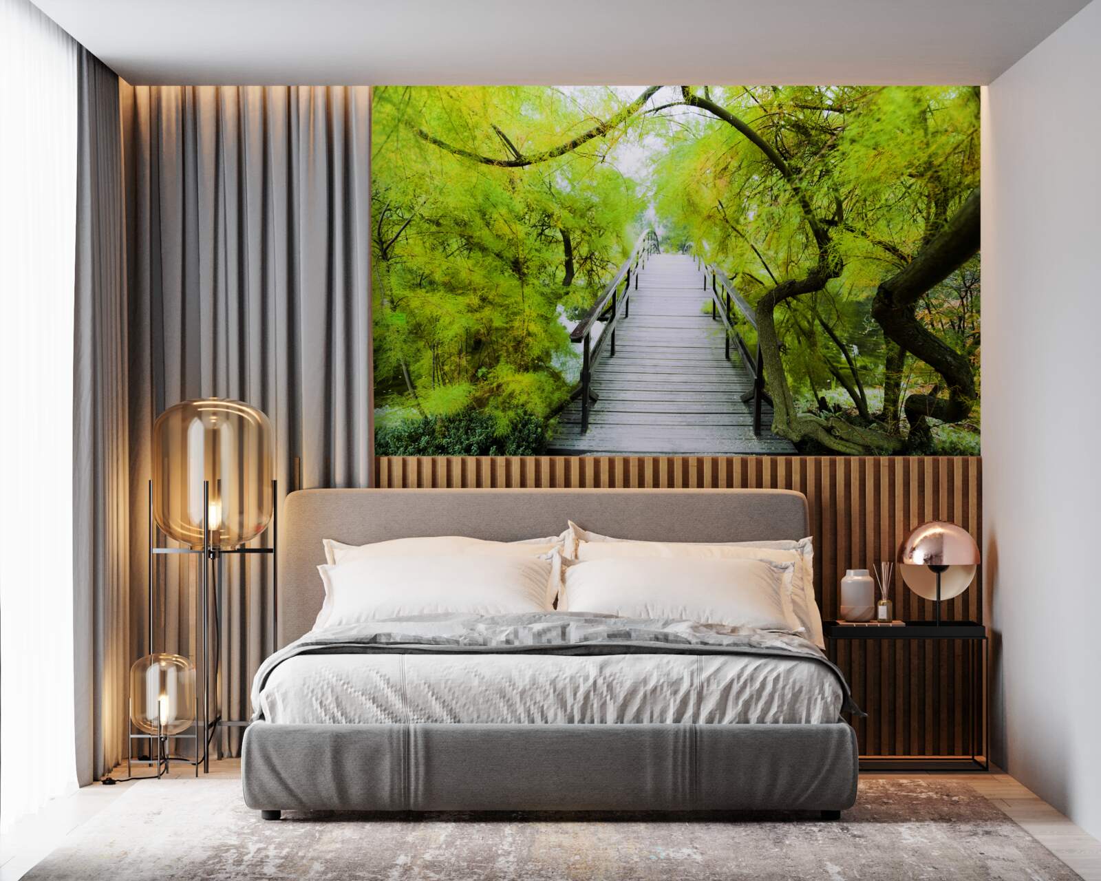 Papier peint escaliers traversant des espaces verts