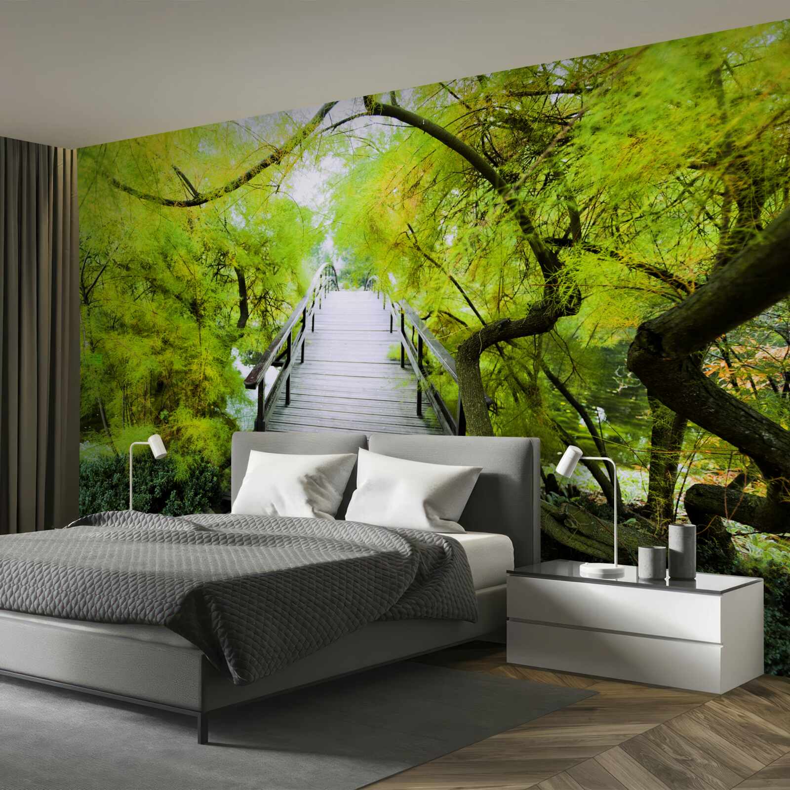 Papier peint escaliers traversant des espaces verts