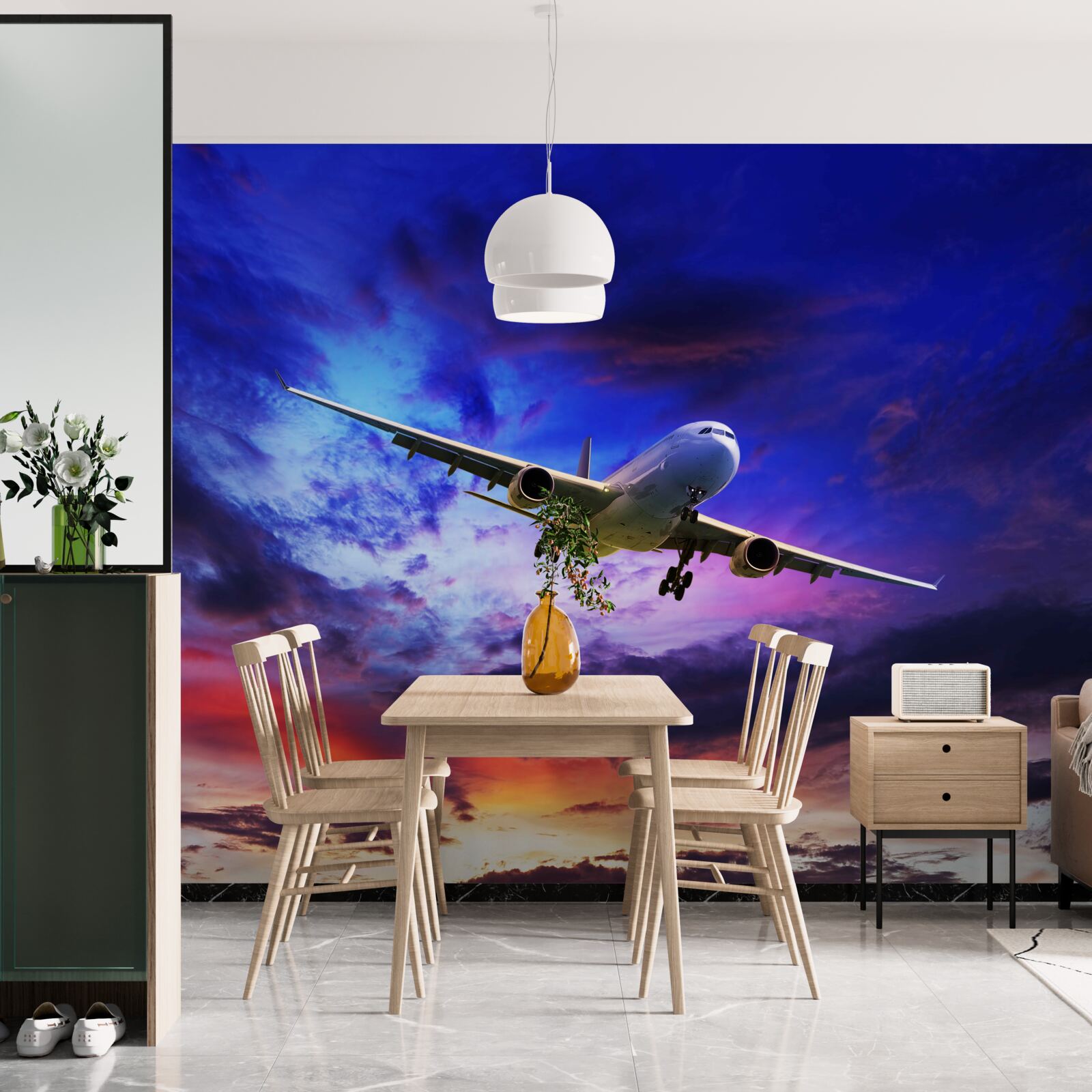 Papier peint avion de passagers dans le ciel du soir