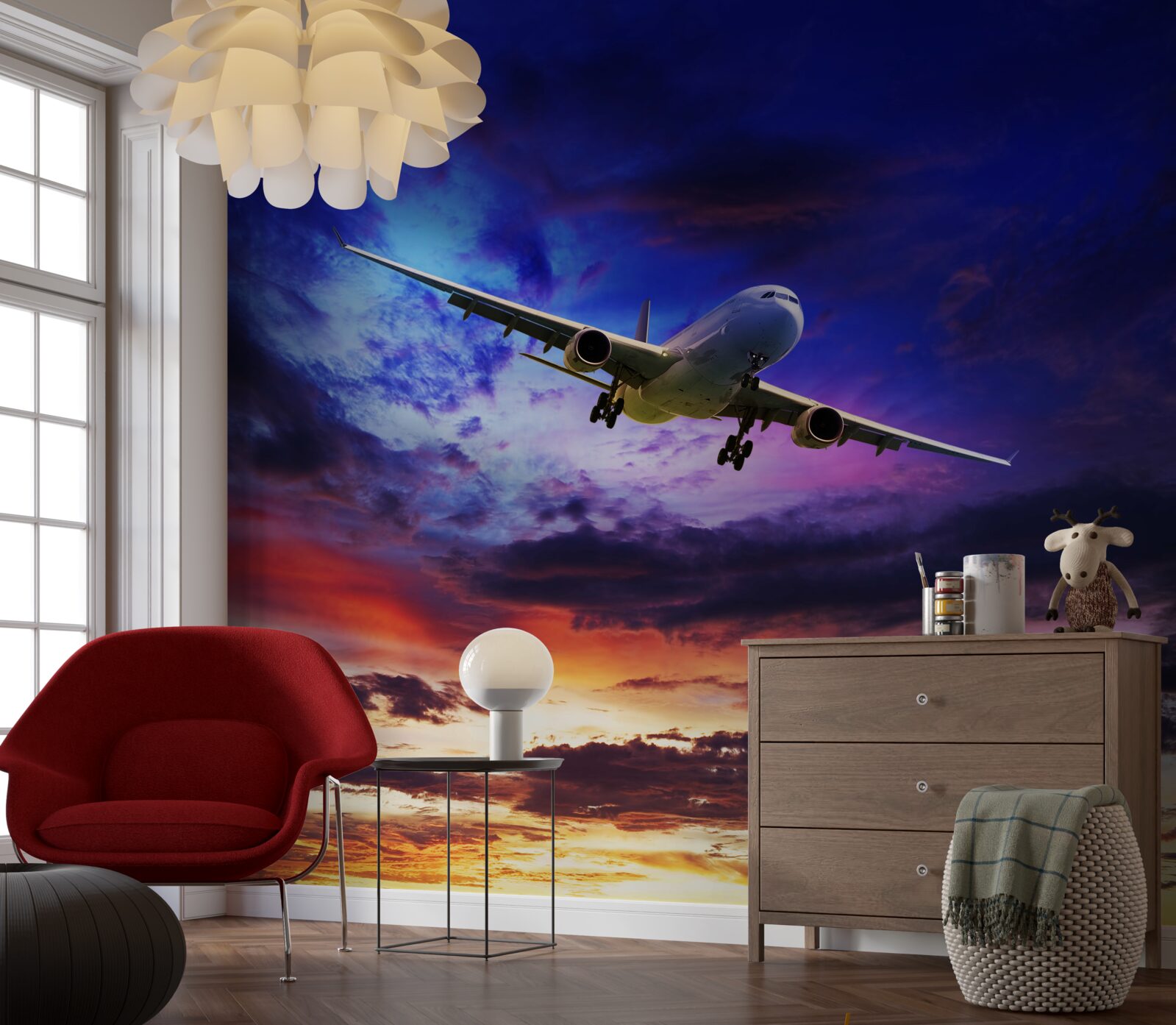 Papier peint avion de passagers dans le ciel du soir