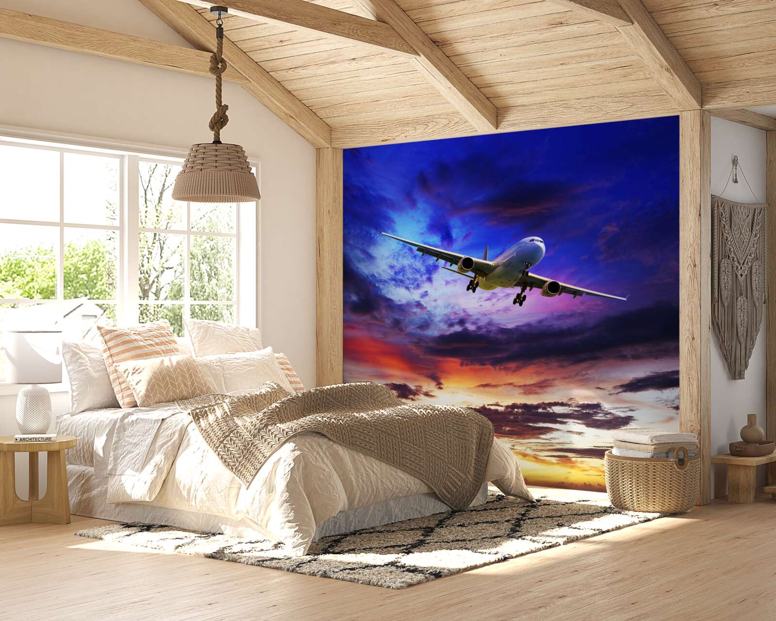 Papier peint avion de passagers dans le ciel du soir