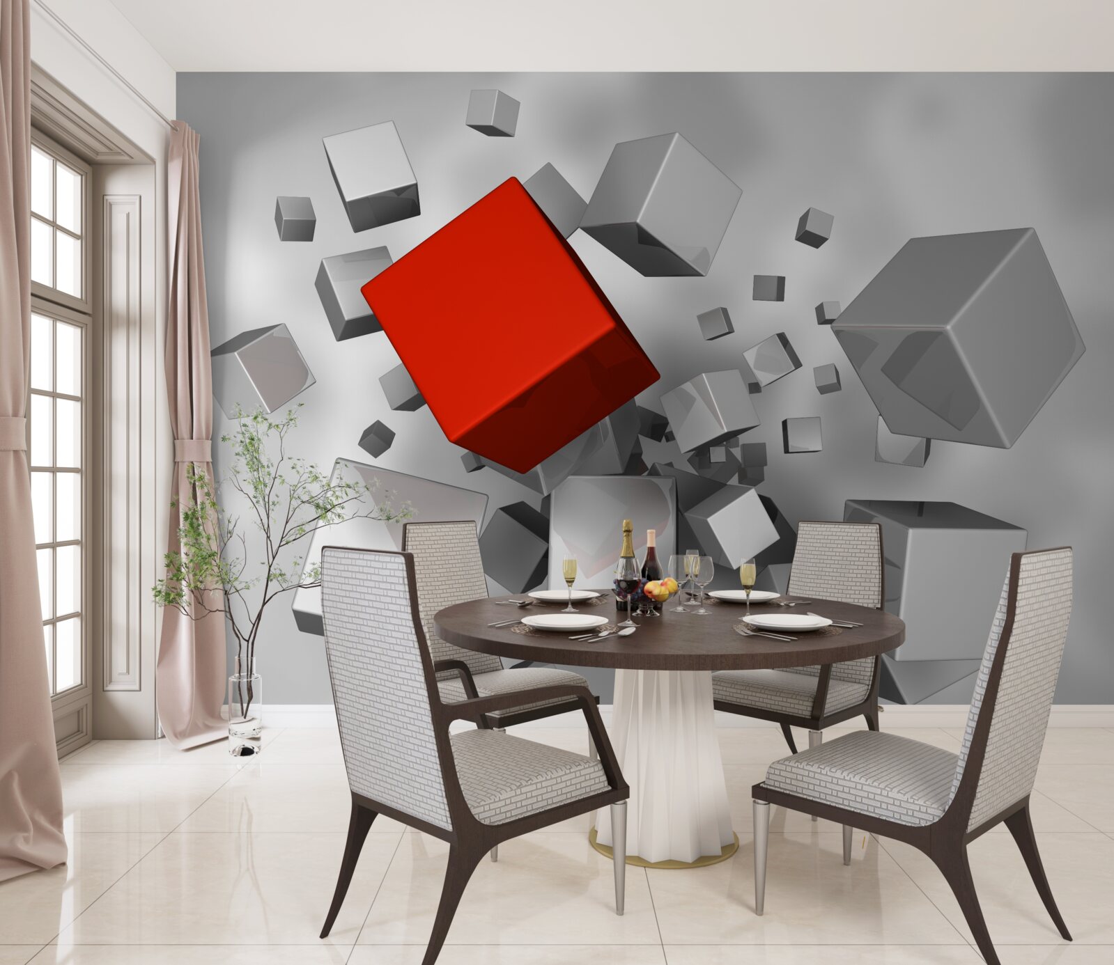 Papier peint gros cubes blancs et un cube écarlate