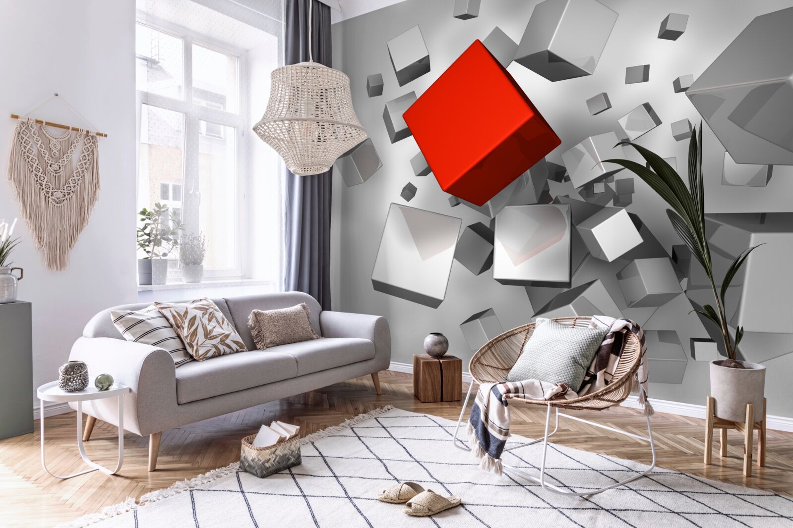 Papier peint gros cubes blancs et un cube écarlate