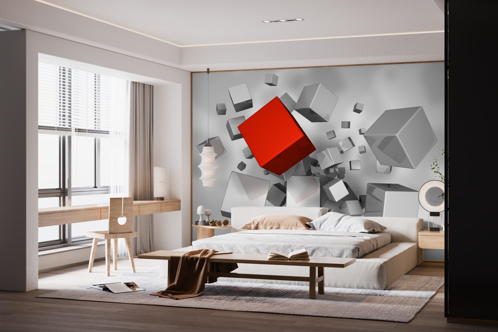 Papier peint gros cubes blancs et un cube écarlate