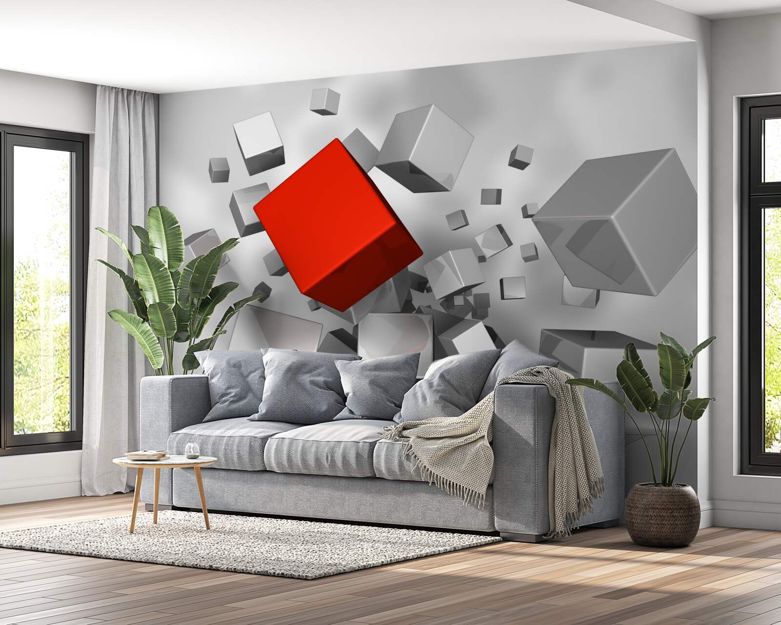 Papier peint gros cubes blancs et un cube écarlate