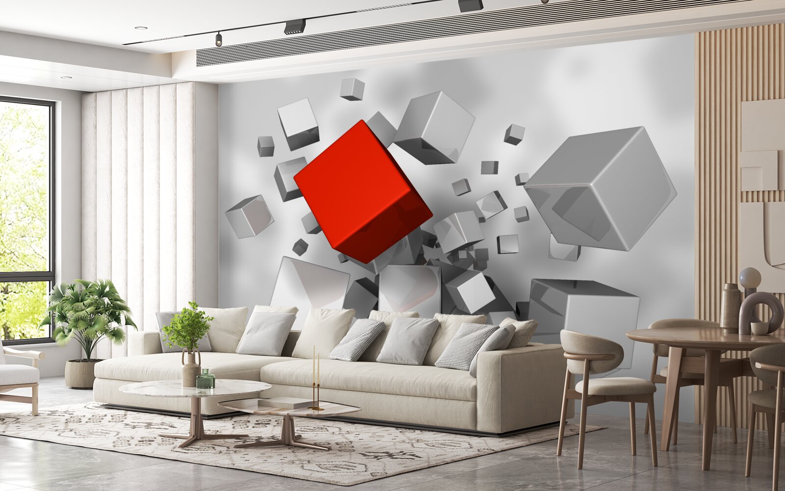 Papier peint gros cubes blancs et un cube écarlate