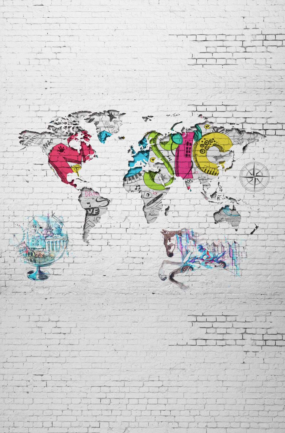 Papier peint carte du monde en différentes couleurs sur un mur blanc