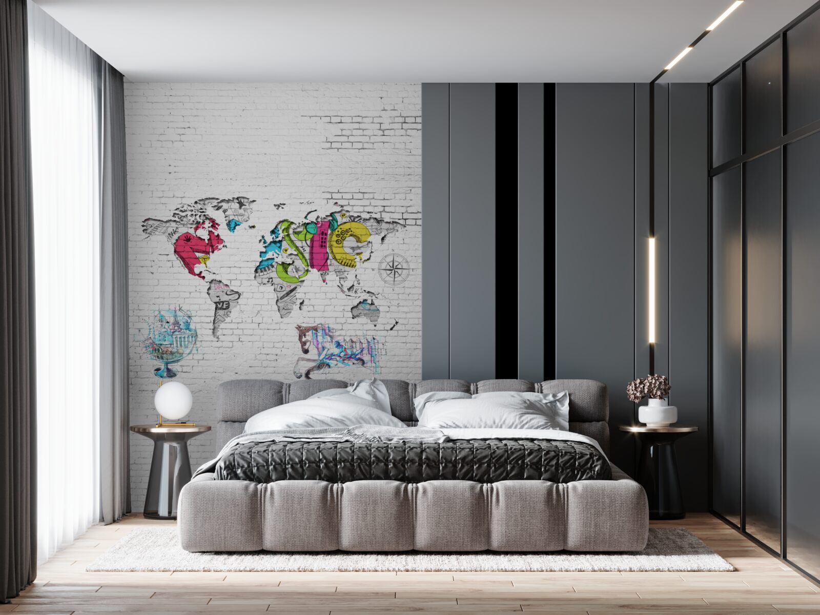 Papier peint carte du monde en différentes couleurs sur un mur blanc