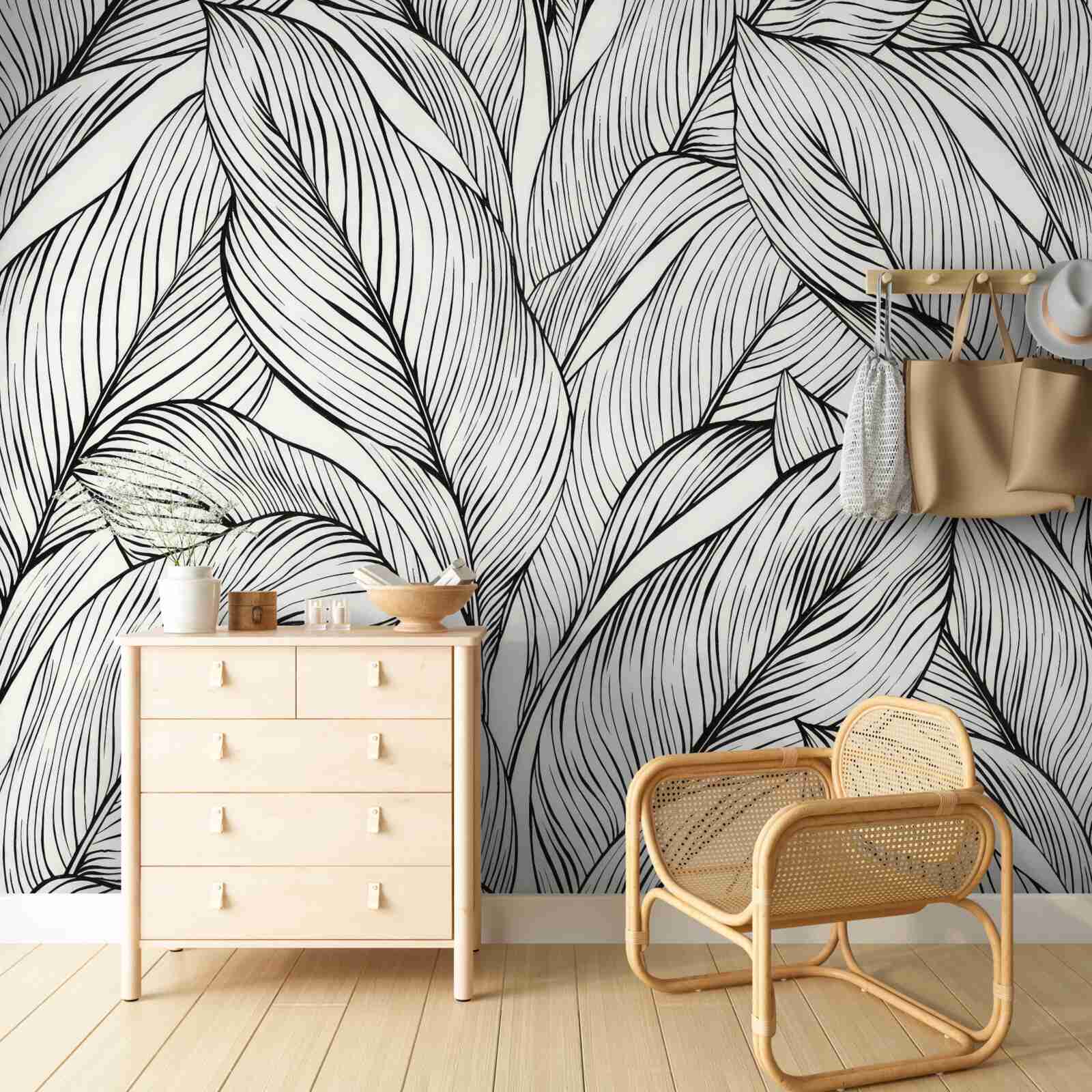 Papier peint feuilles en noir et blanc