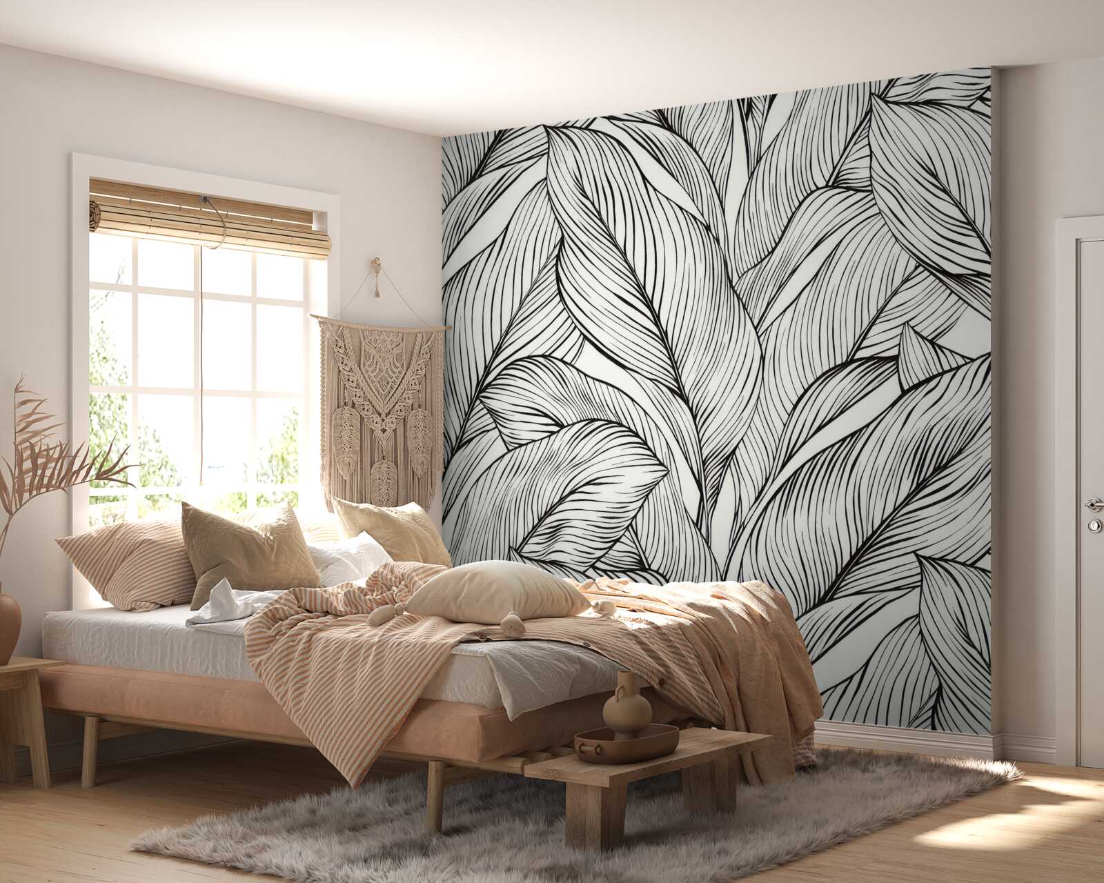 Papier peint feuilles en noir et blanc