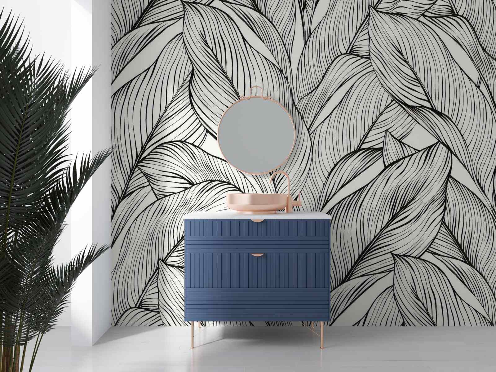 Papier peint feuilles en noir et blanc