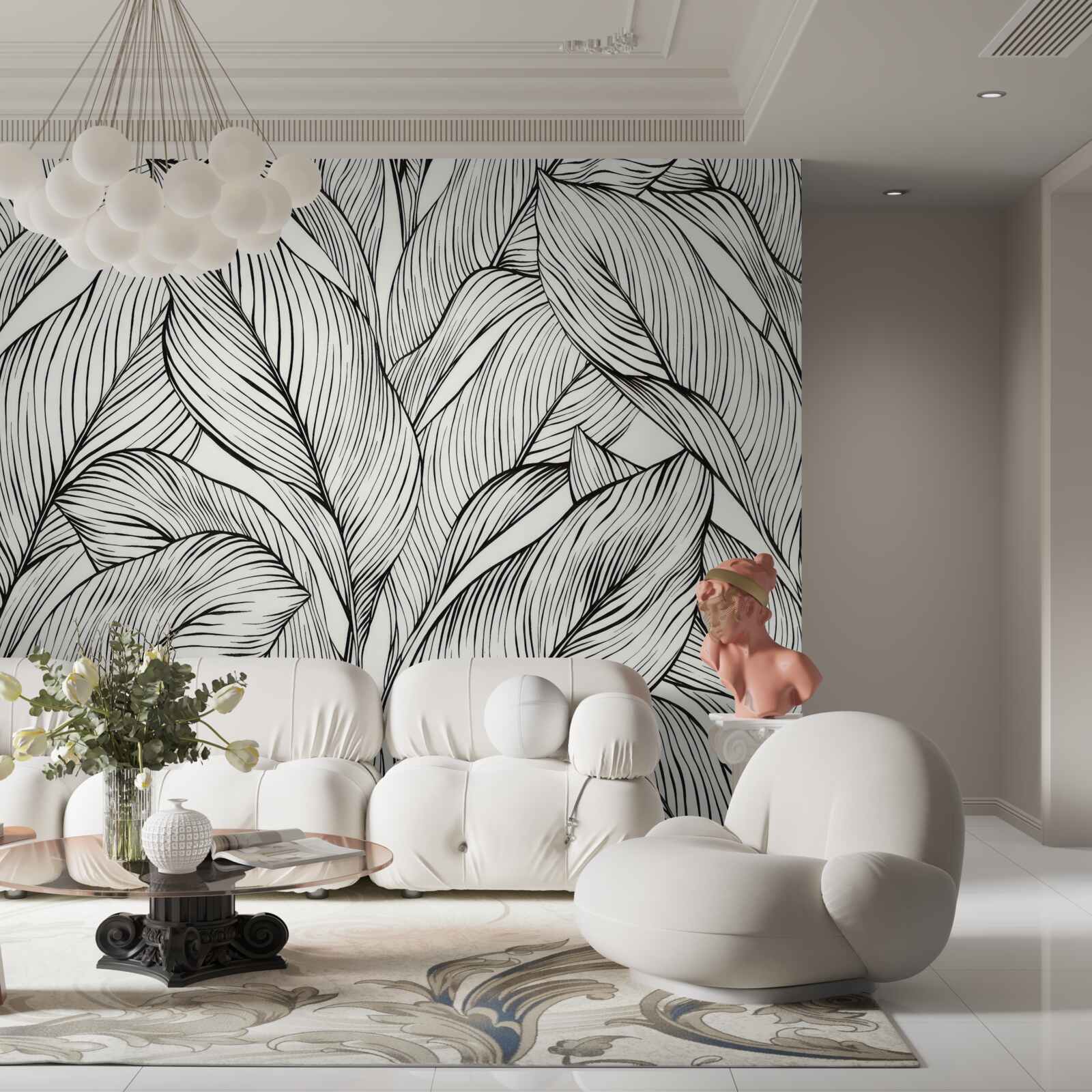 Papier peint feuilles en noir et blanc